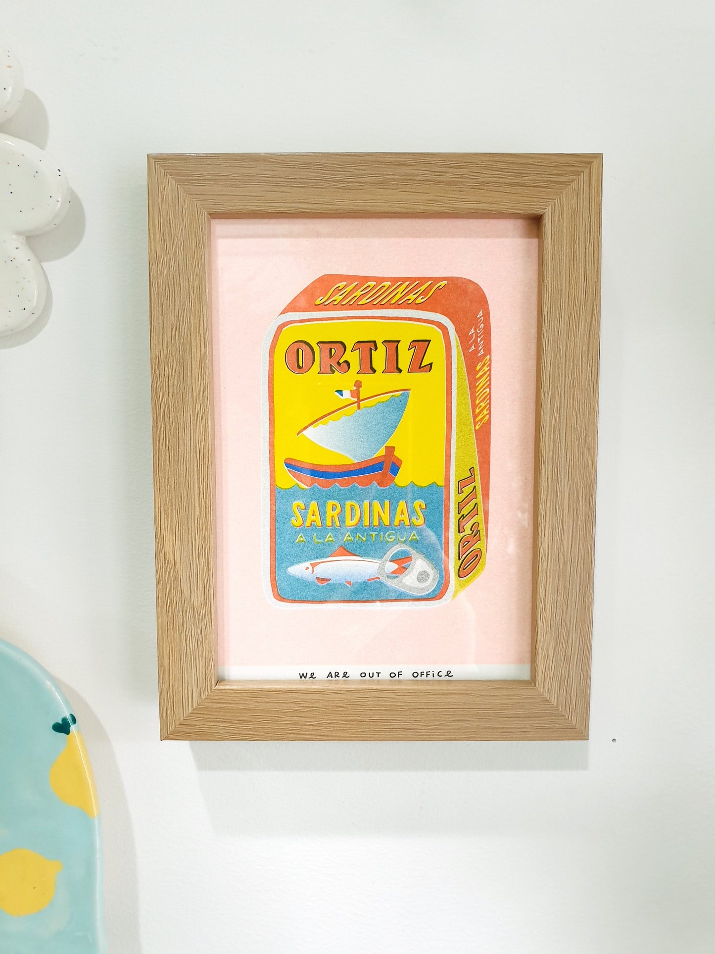'A can full of sardines' - A framed risograph print by 'We are out of office'