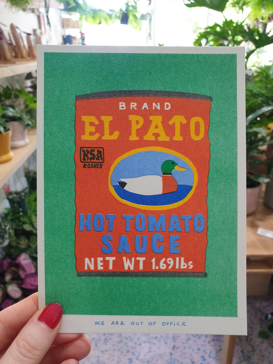 'A can of HOT tomato sauce' - risograph print by 'We are out of office'