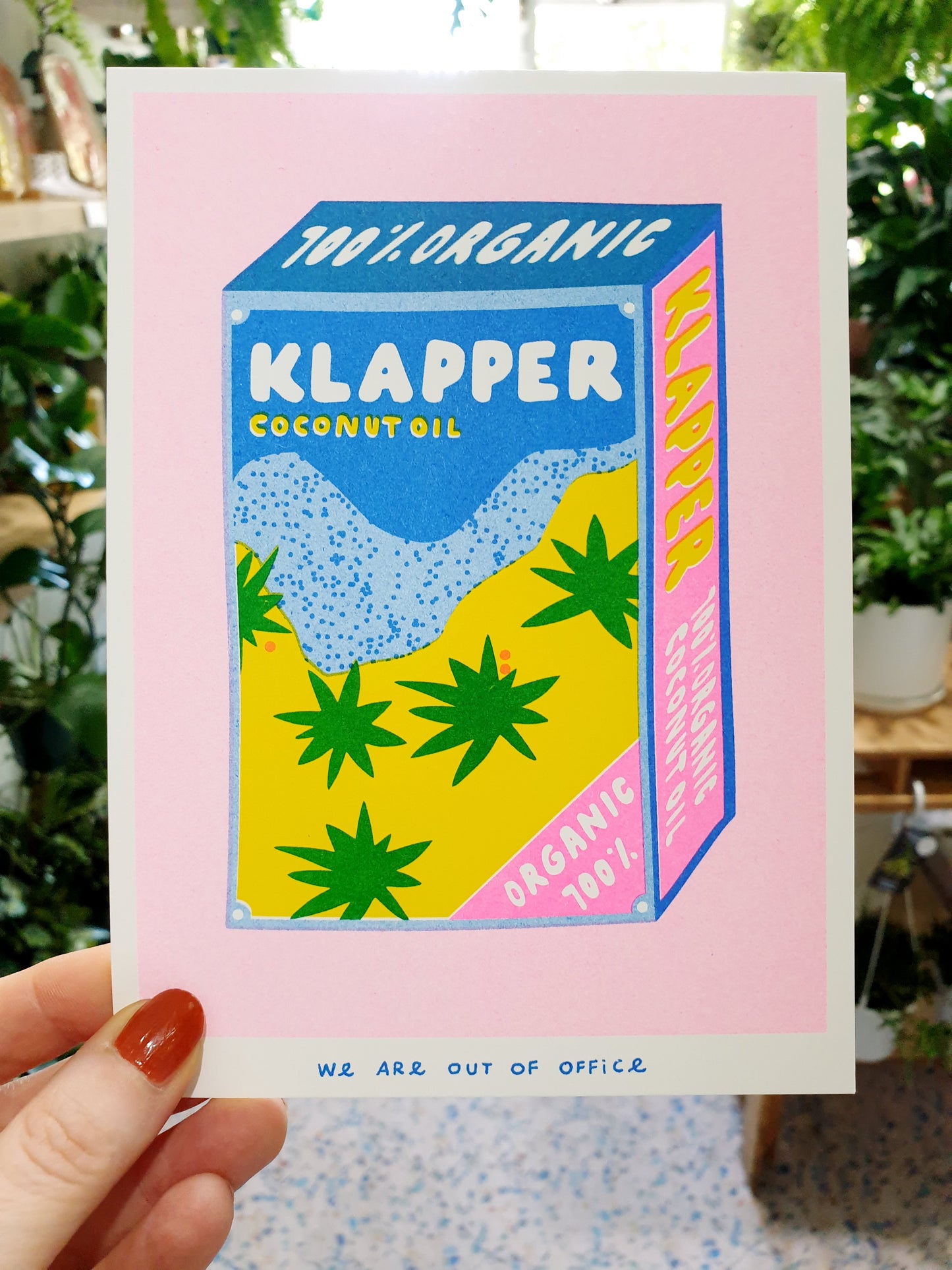 'Klapper organic coconut oil' - A framed risograph print.