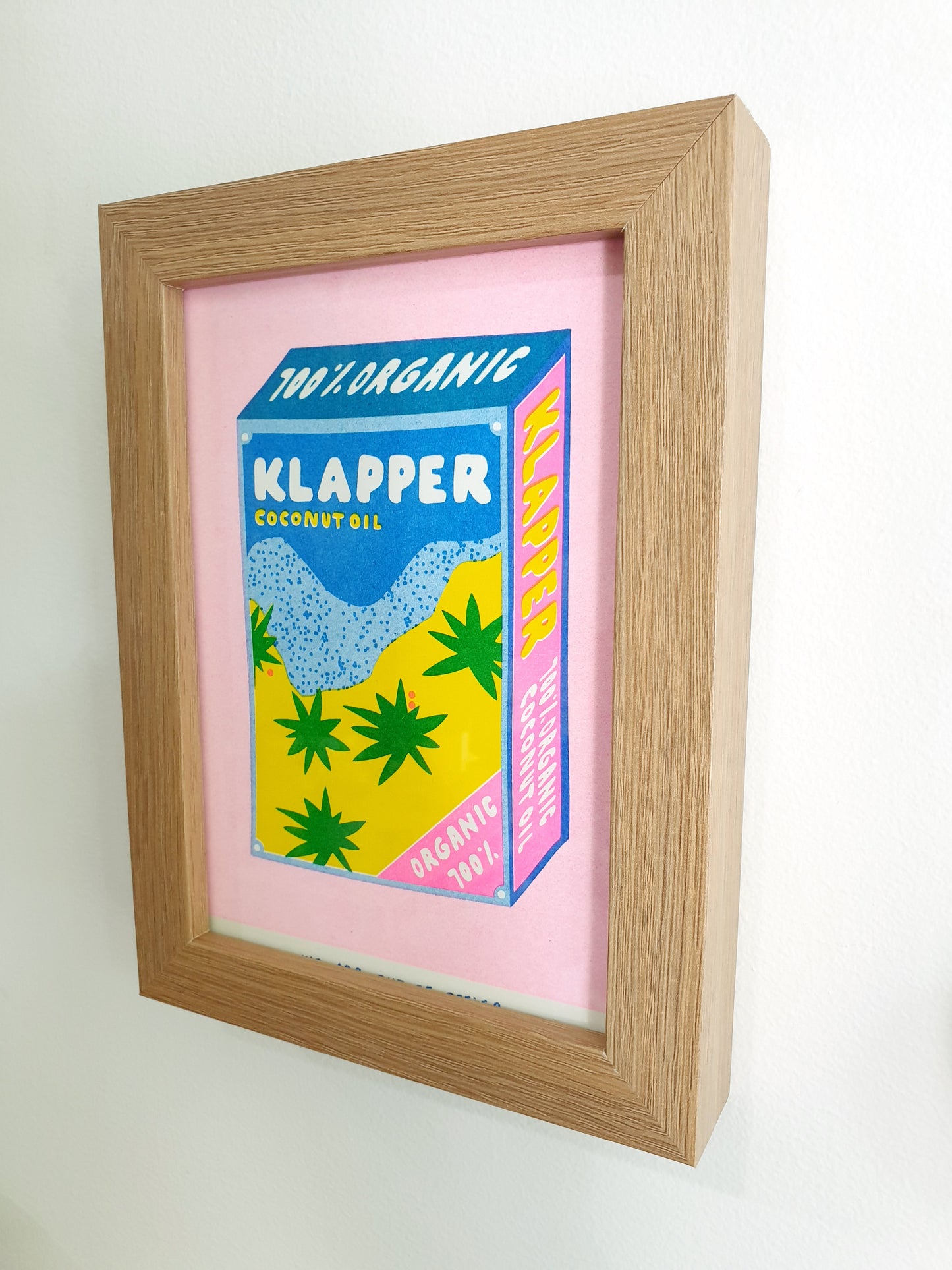 'Klapper organic coconut oil' - A framed risograph print.
