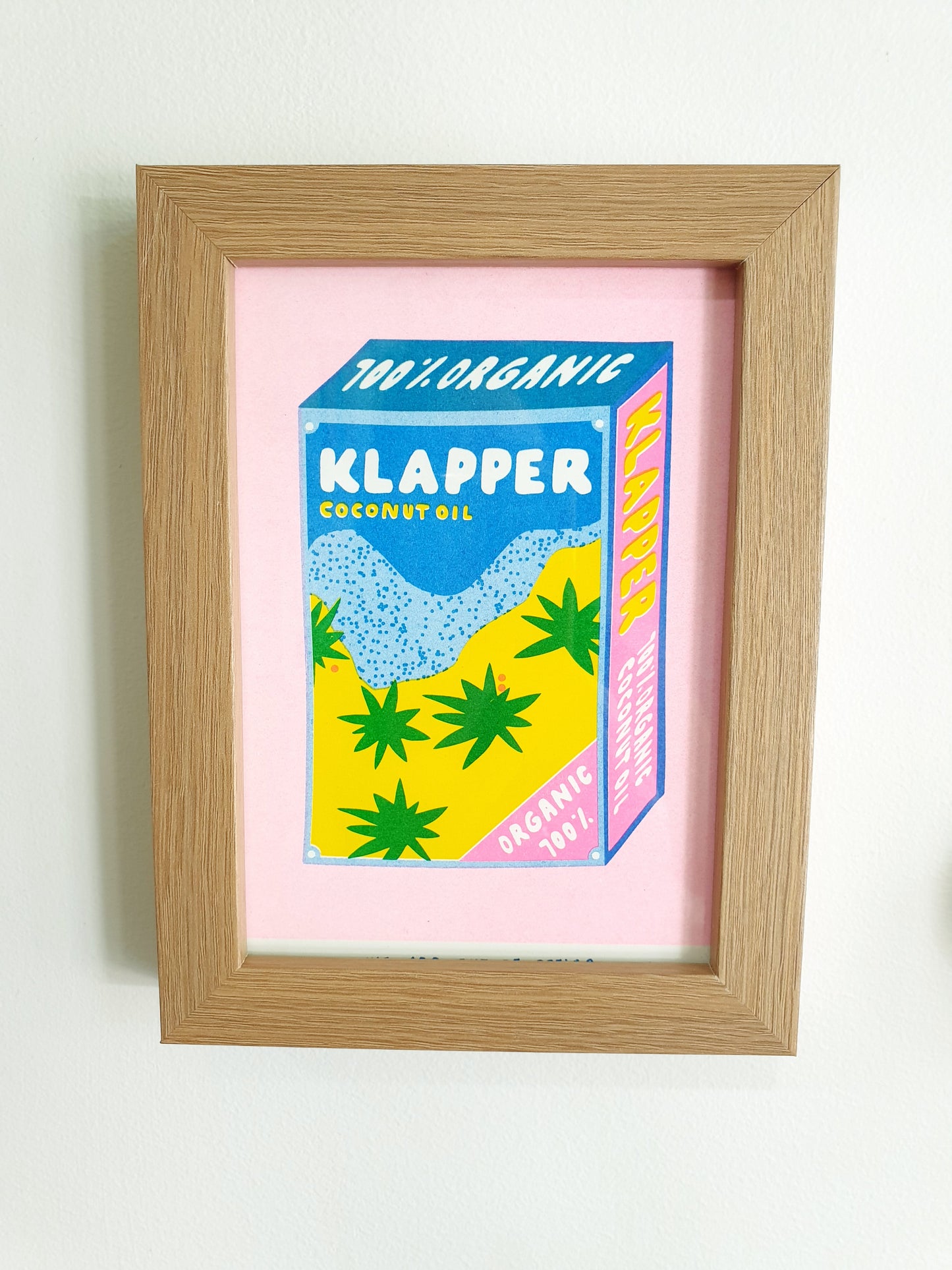 'Klapper organic coconut oil' - A framed risograph print.