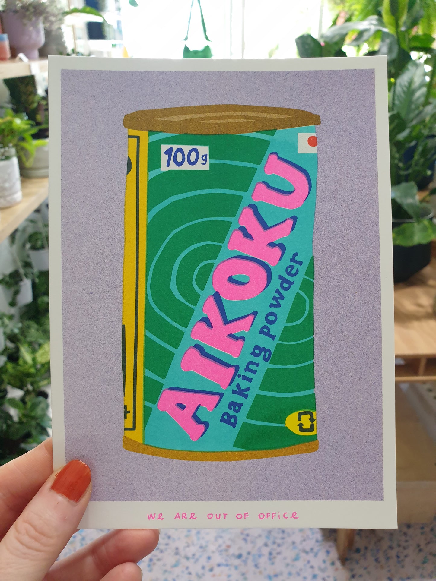 'A can of Aikoku baking powder' - risograph print.