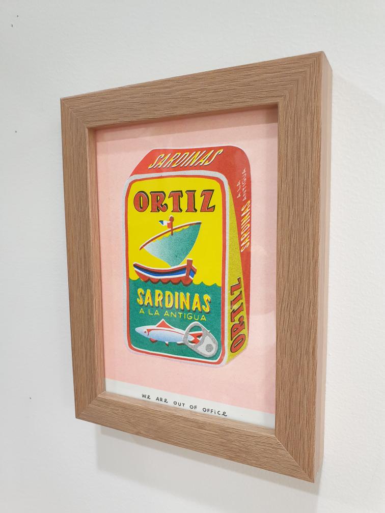 'A can full of sardines' - A framed risograph print.
