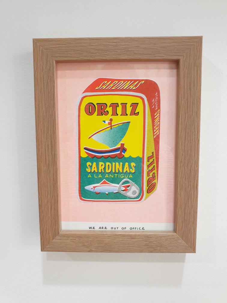 'A can full of sardines' - A framed risograph print.