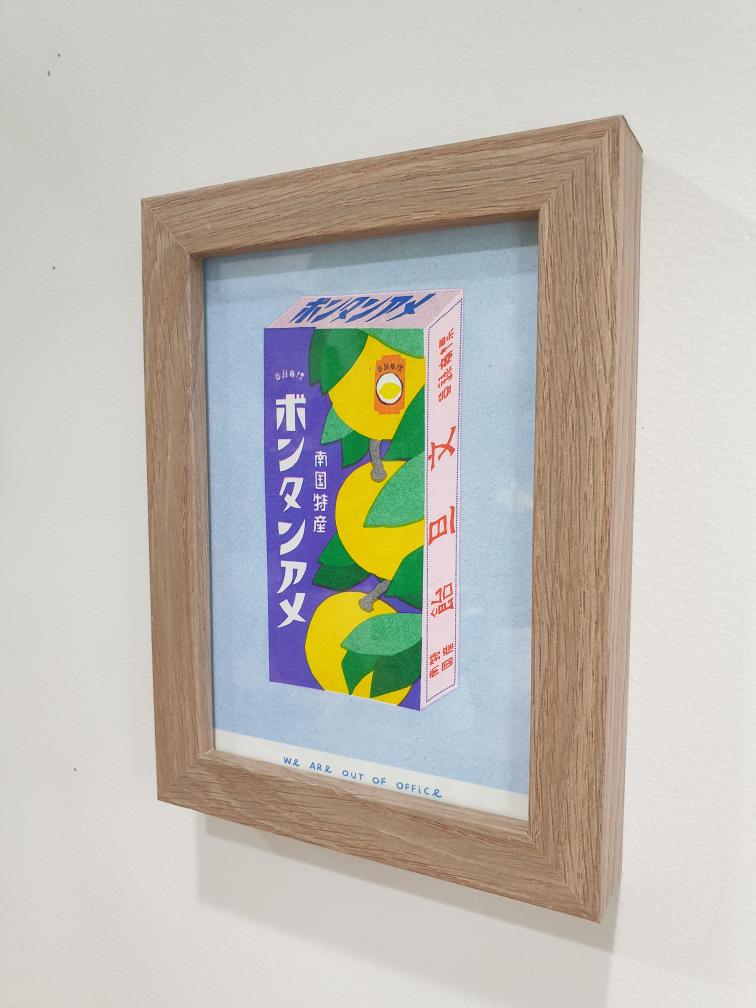 'A package of Japanese powdery candy' - A framed risograph print.'