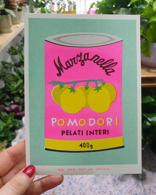 'A can of pomodori' -  risograph print by 'We are out of office'
