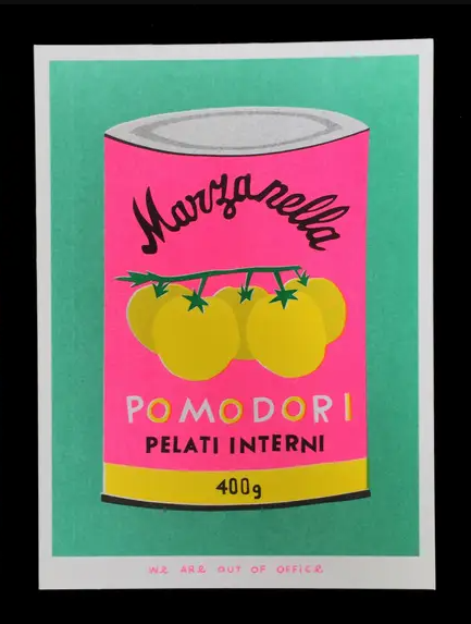 'A can of pomodori' - A framed risograph print by 'We are out of office'