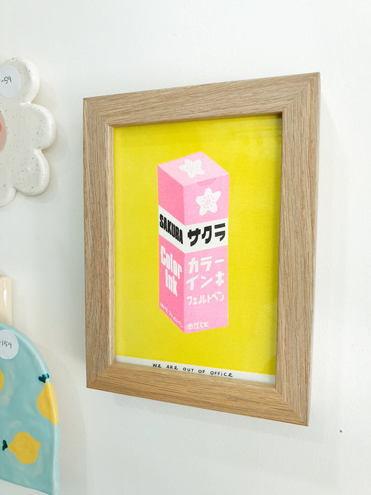 'A very bright bottle of Japanese sakura ink' - A framed risograph print by 'We are out of office'