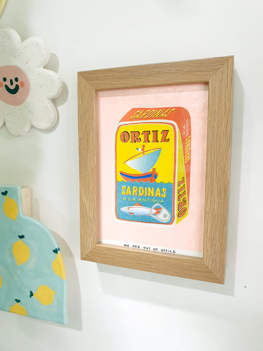 'A can full of sardines' - FRAMED risograph print by 'We are out of office'