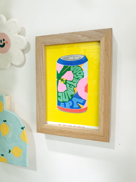 'A can of jungle soda' - A framed risograph print.