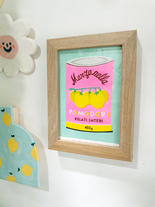 'A can of pomodori' - A framed risograph print.