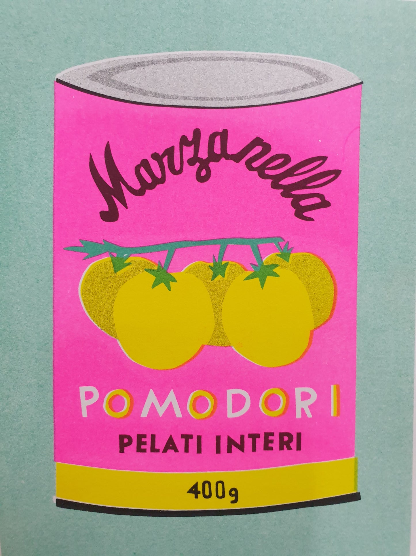 'A can of pomodori' - A framed risograph print.
