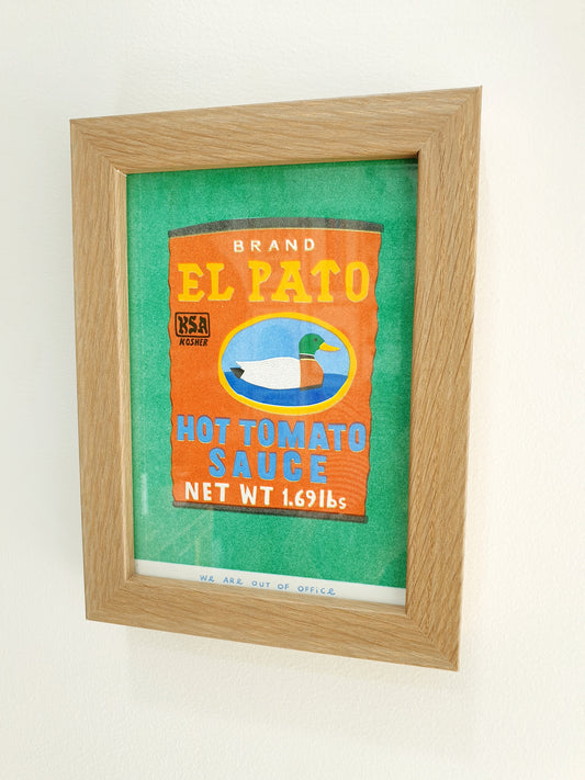 'A can of HOT tomato sauce' - A framed risograph print.