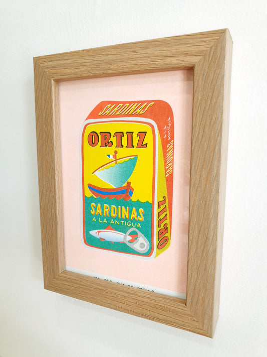 'A can full of sardines' - A framed risograph print.