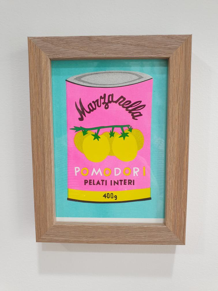 'A can of pomodori' - A framed risograph print.