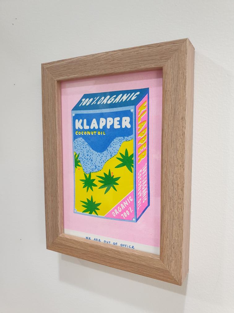 'Klapper organic coconut oil' - A framed risograph print.