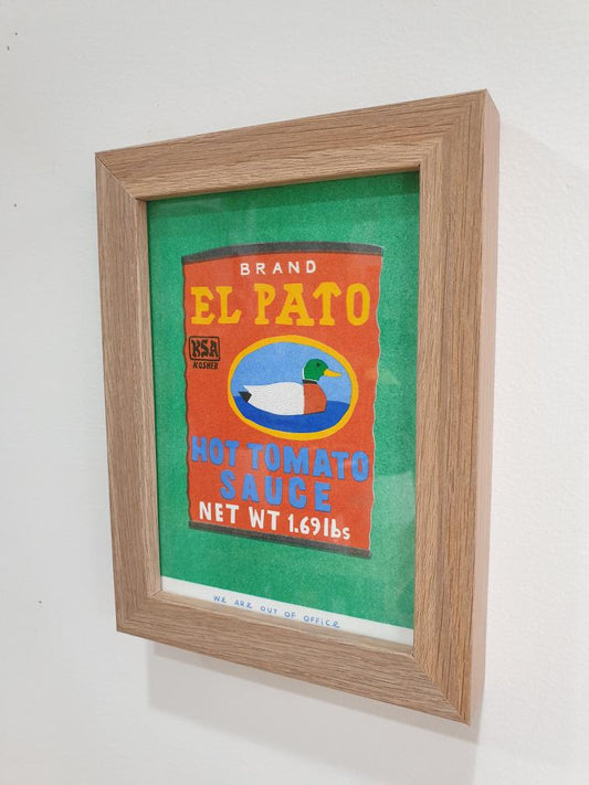 'A can of HOT tomato sauce' - A framed risograph print.