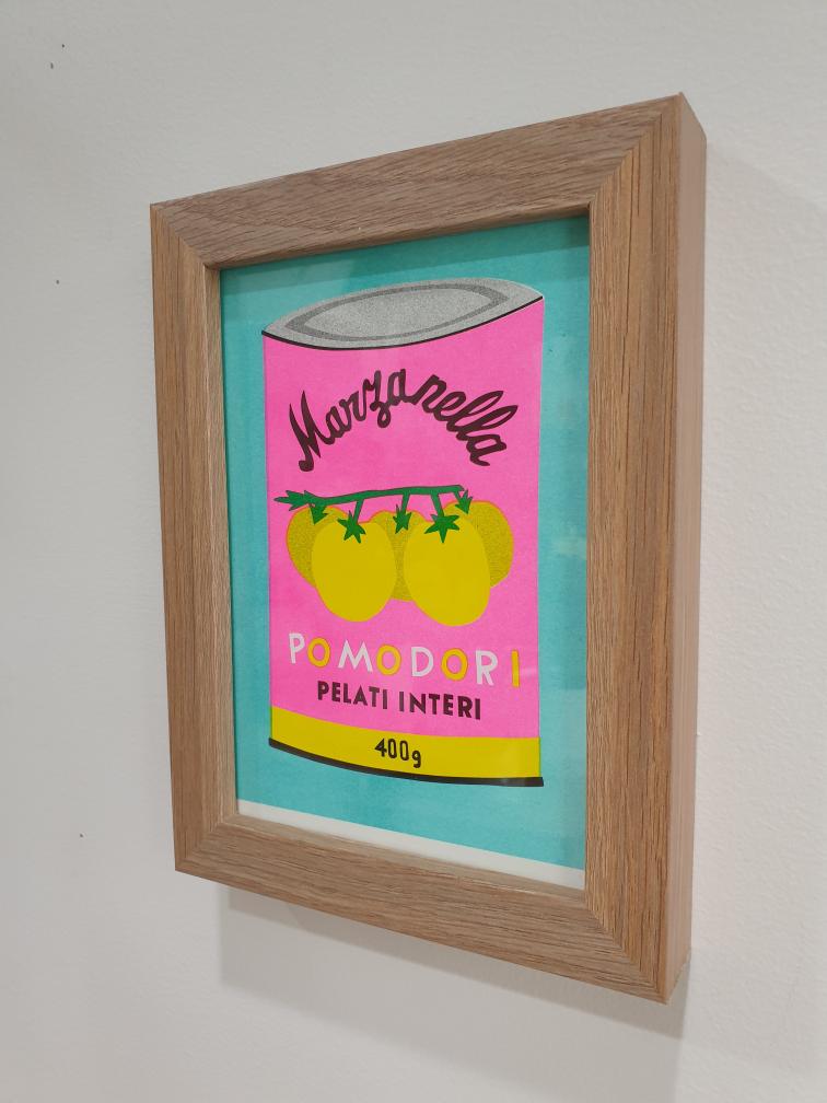 'A can of pomodori' - A framed risograph print.