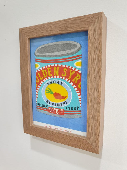 'A can of golden syrup' - A framed risograph print.