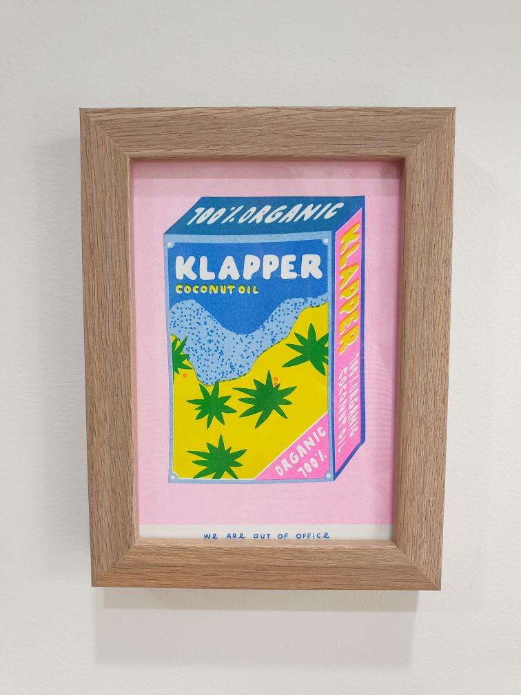 'Klapper organic coconut oil' - A framed risograph print.
