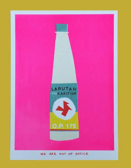 'A bottle of Indonesian Kaki Tiga Larutan' - FRAMED risograph print by 'We are out of office'