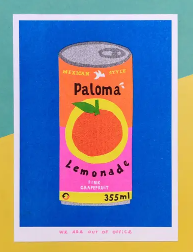 'A can of Paloma Lemonade' - FRAMED risograph print by 'We are out of office'