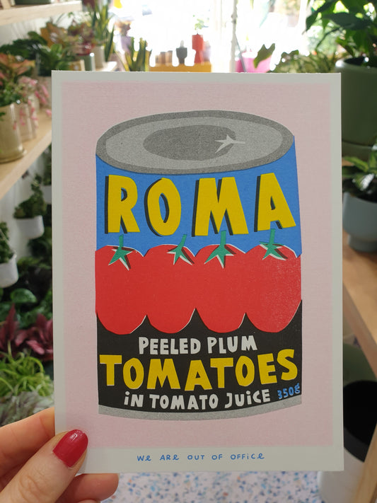 'A can of Roma plum tomatoes'  - risograph print by 'We are out of office'