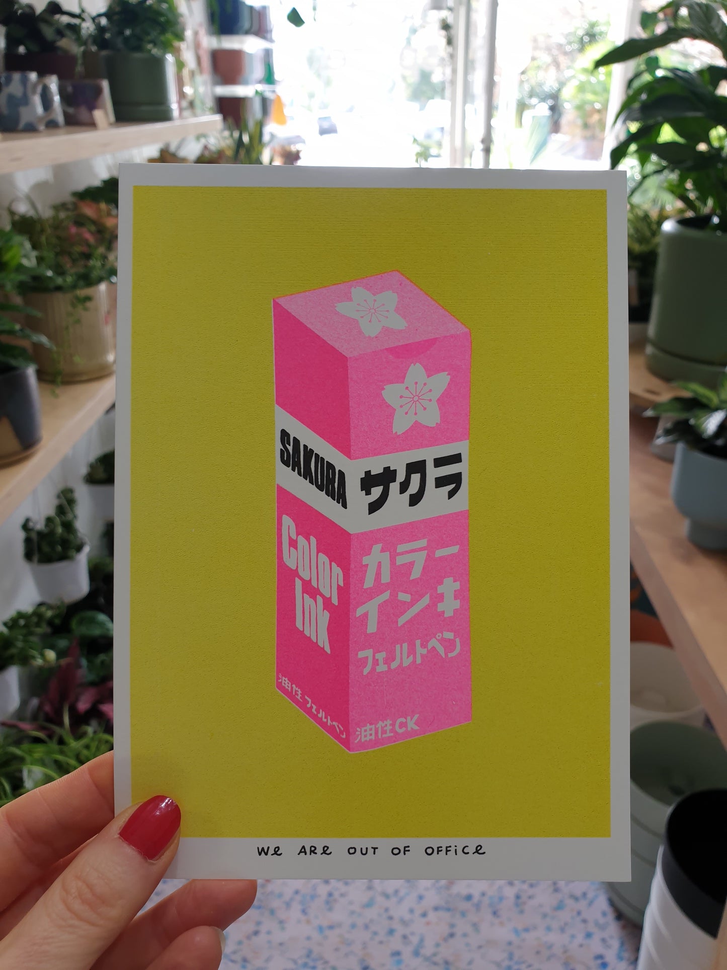 'A very bright bottle of Japanese sakura ink'  - risograph print by 'We are out of office'