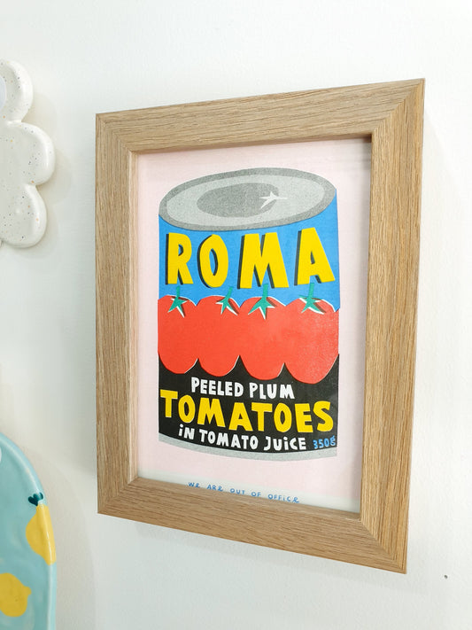'A can of Roma plum tomatoes' - A framed risograph print by 'We are out of office'